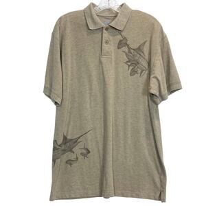 NWOT GUY HARVEY Polo Shirt XL Beige Fish Graphic Logo Short-Slev Stretchy Cotton